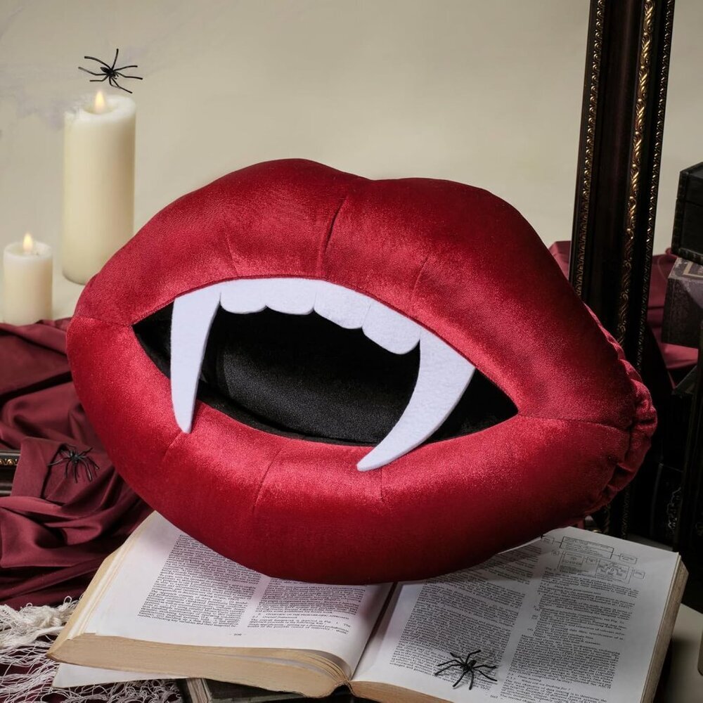 Ashler Vampire Lips Pillow, Velvet Halloween Lips Throw Pillow with 3D Felt Teet